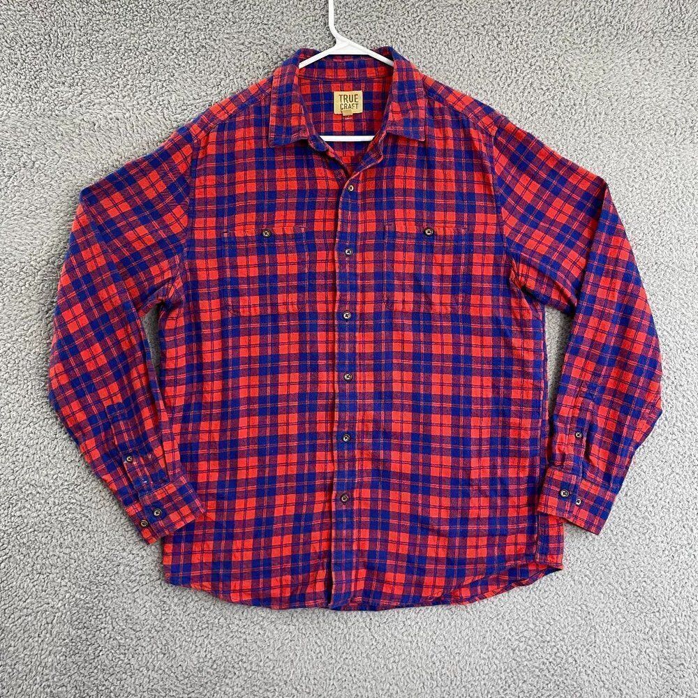 True Craft Shirt Men L Red Blue Casual Long Sleeve Plaid Button Down